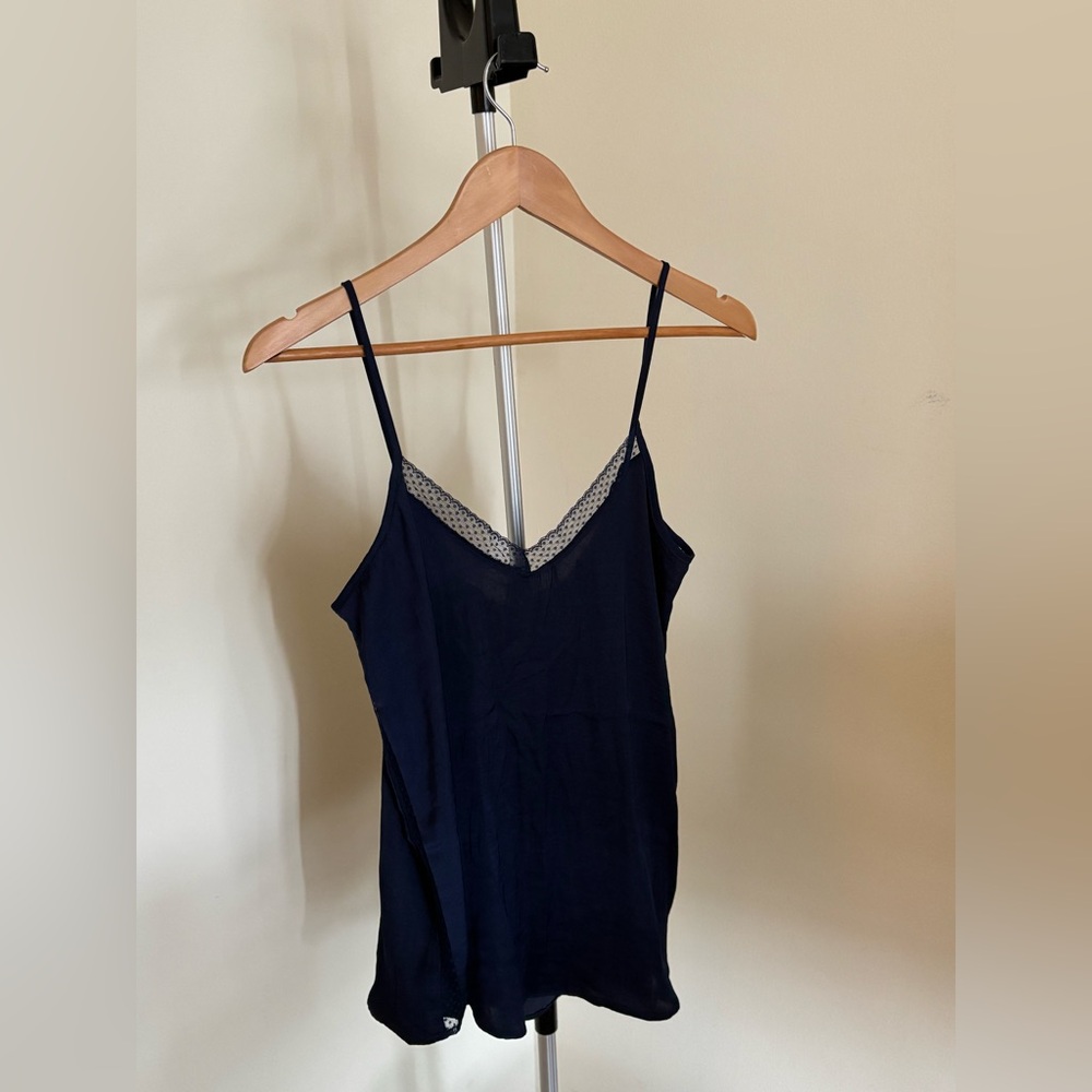 Navy Blue Satin Spaghetti Strap Tank Top with Polka Dot Mesh Lace